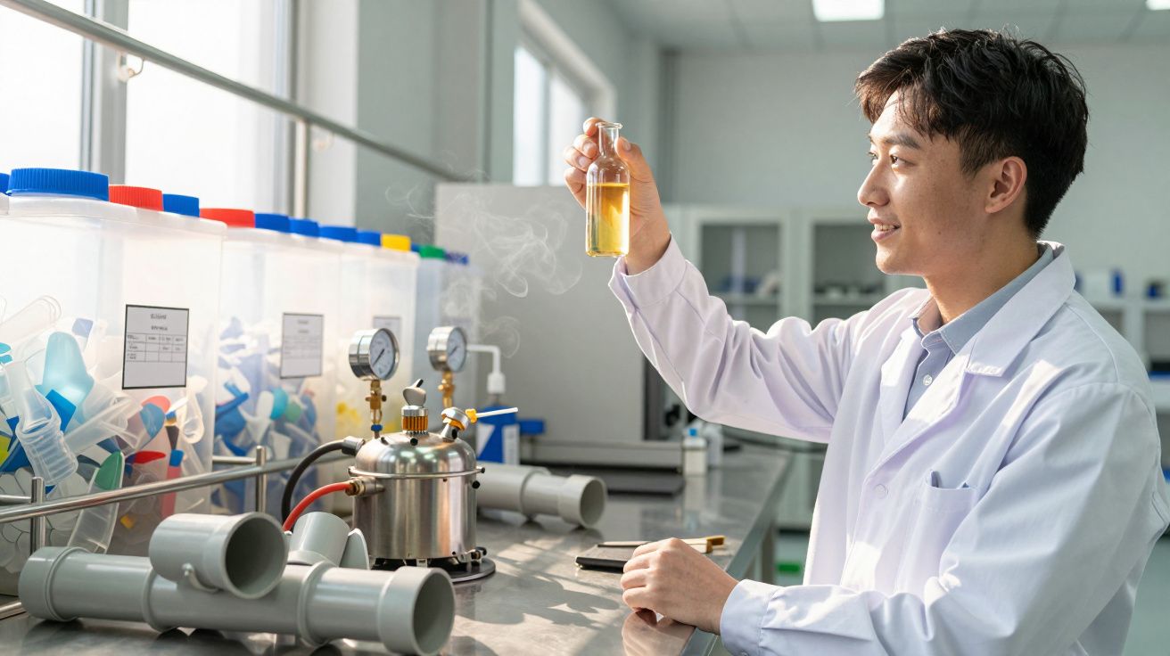 Homem em jaleco branco observa frasco com líquido amarelo em laboratório moderno e bem iluminado.
