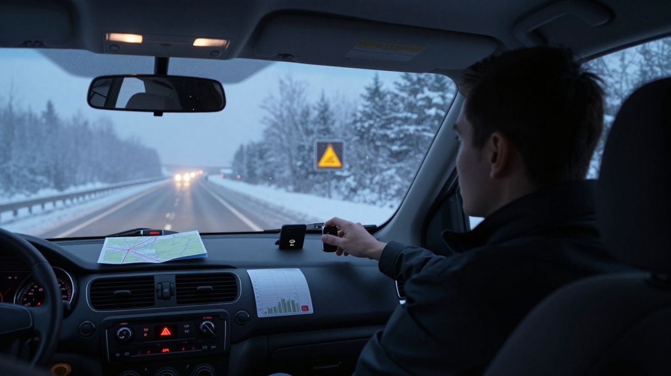 Homem dentro de carro ajusta dispositivo no painel com estrada nevada vista pelo para-brisa.