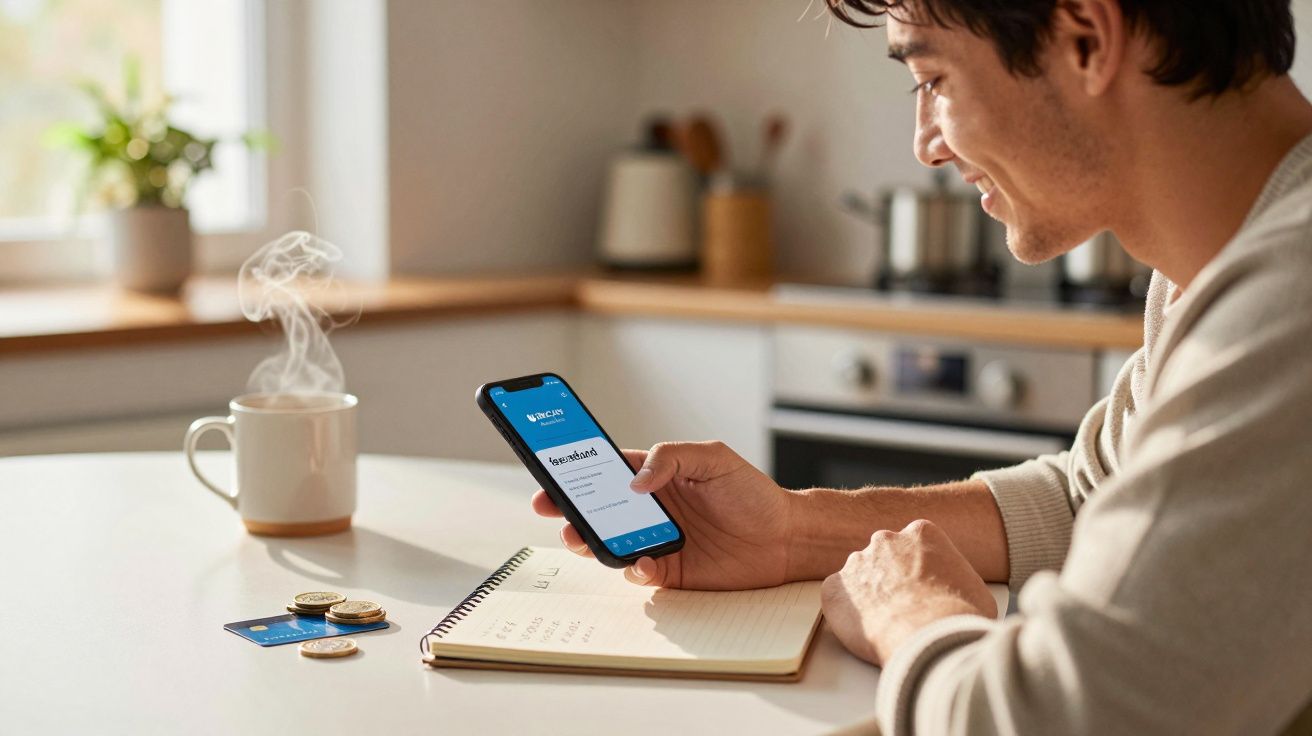 Homem sentado à mesa com celular, caderno, moedas, cartão e xícara de café fumegante na cozinha.