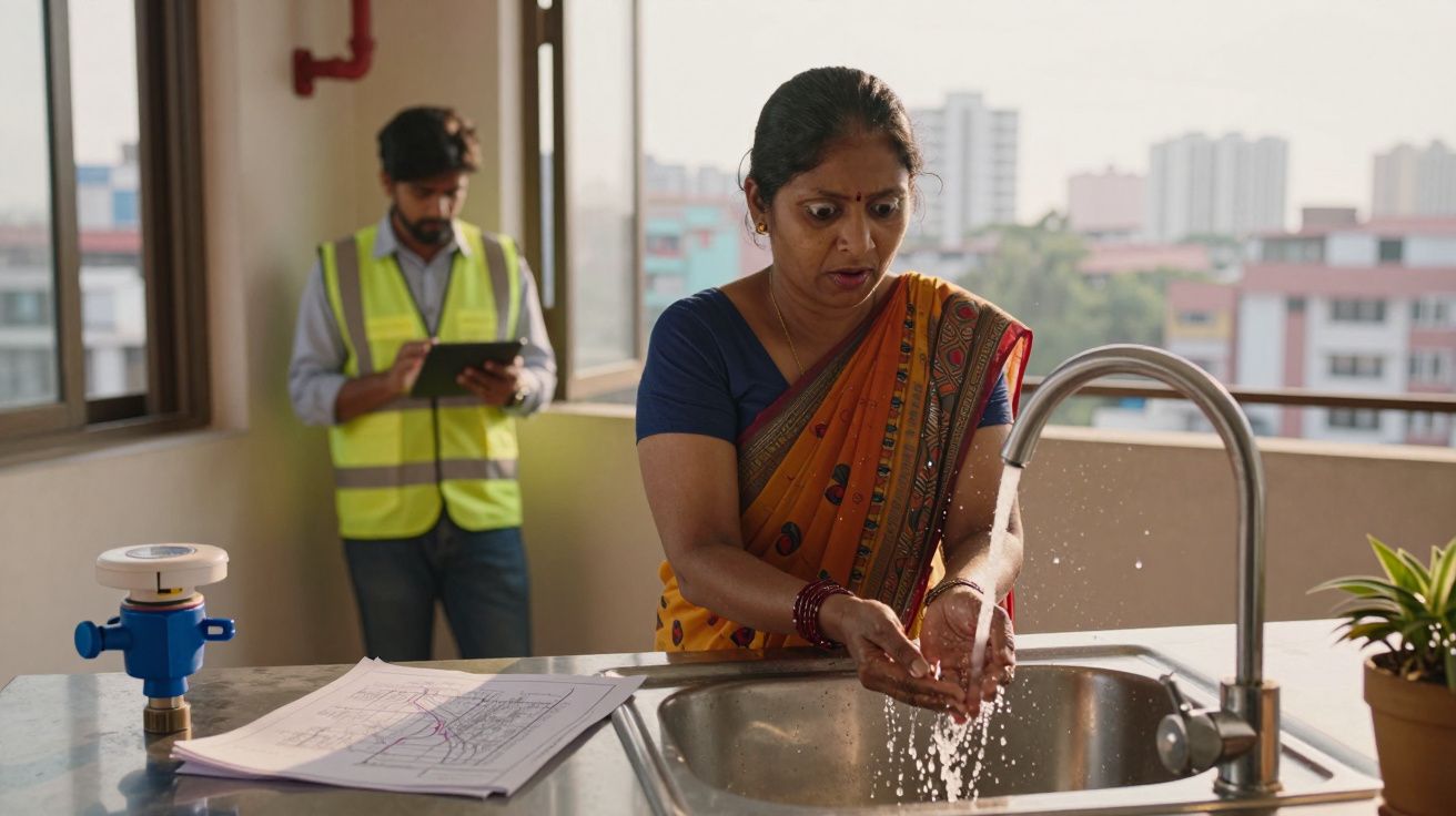 Mulher com expressão surpresa lavando as mãos em uma pia, homem ao fundo com colete refletivo e tablet.