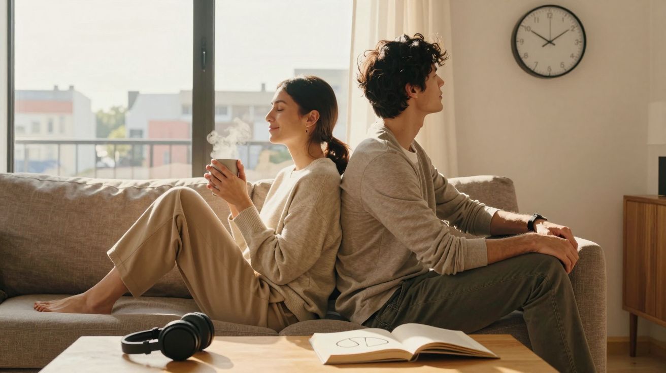 Casal sentado de costas no sofá, mulher tomando café e homem olhando para o lado em sala iluminada.