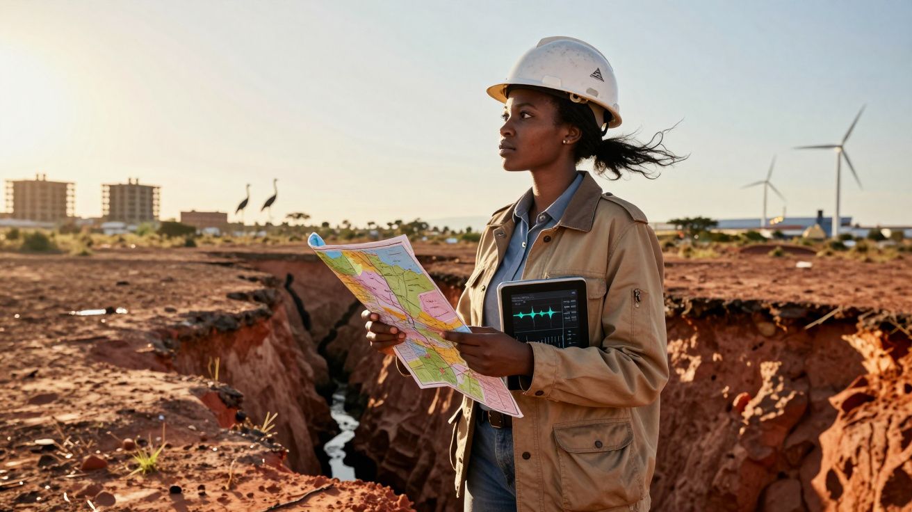 Engenheira com capacete segurando mapa e tablet em área aberta com rachaduras no solo e turbinas eólicas ao fundo.