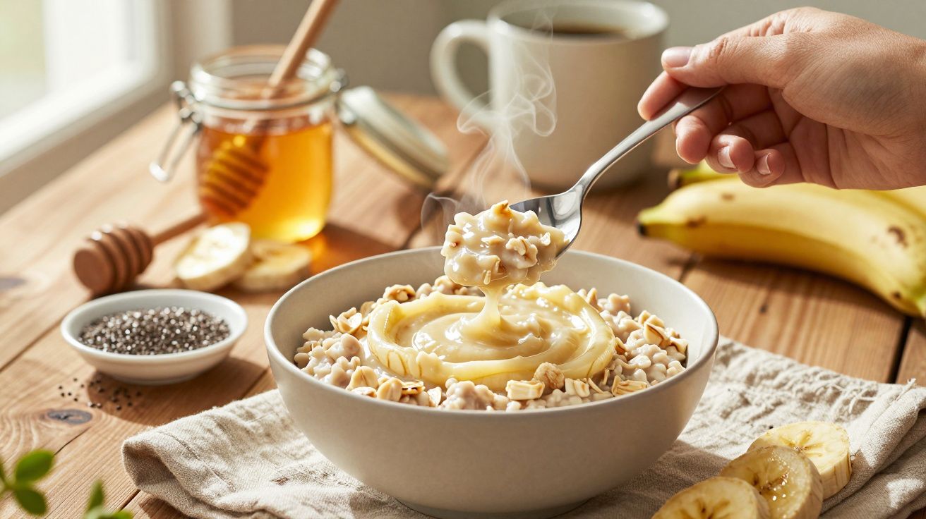 Tigela de mingau com mel, banana, castanhas e chia ao lado de xícara de café sobre mesa de madeira.