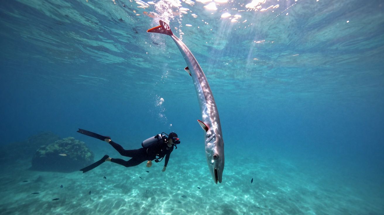 Mergulhador interage com peixe-lanterna comprido e prateado em águas cristalinas.