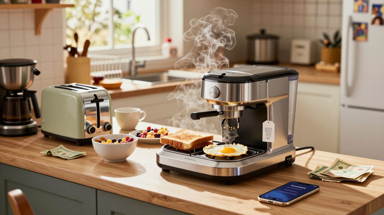 Máquina de café expresso com torrada e ovo na chapa, e torradeira, em bancada de cozinha ensolarada.