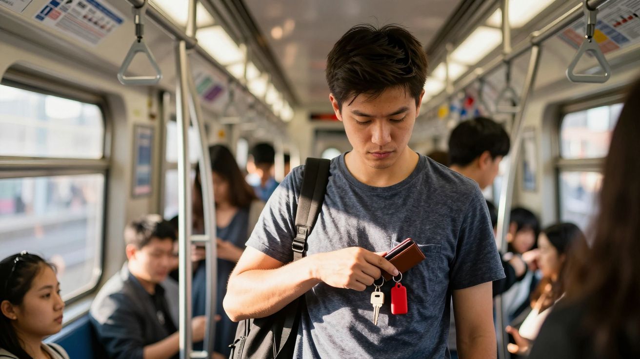 Jovem de camiseta azul olhando carteira com chave vermelha no transporte público urbano cheio.