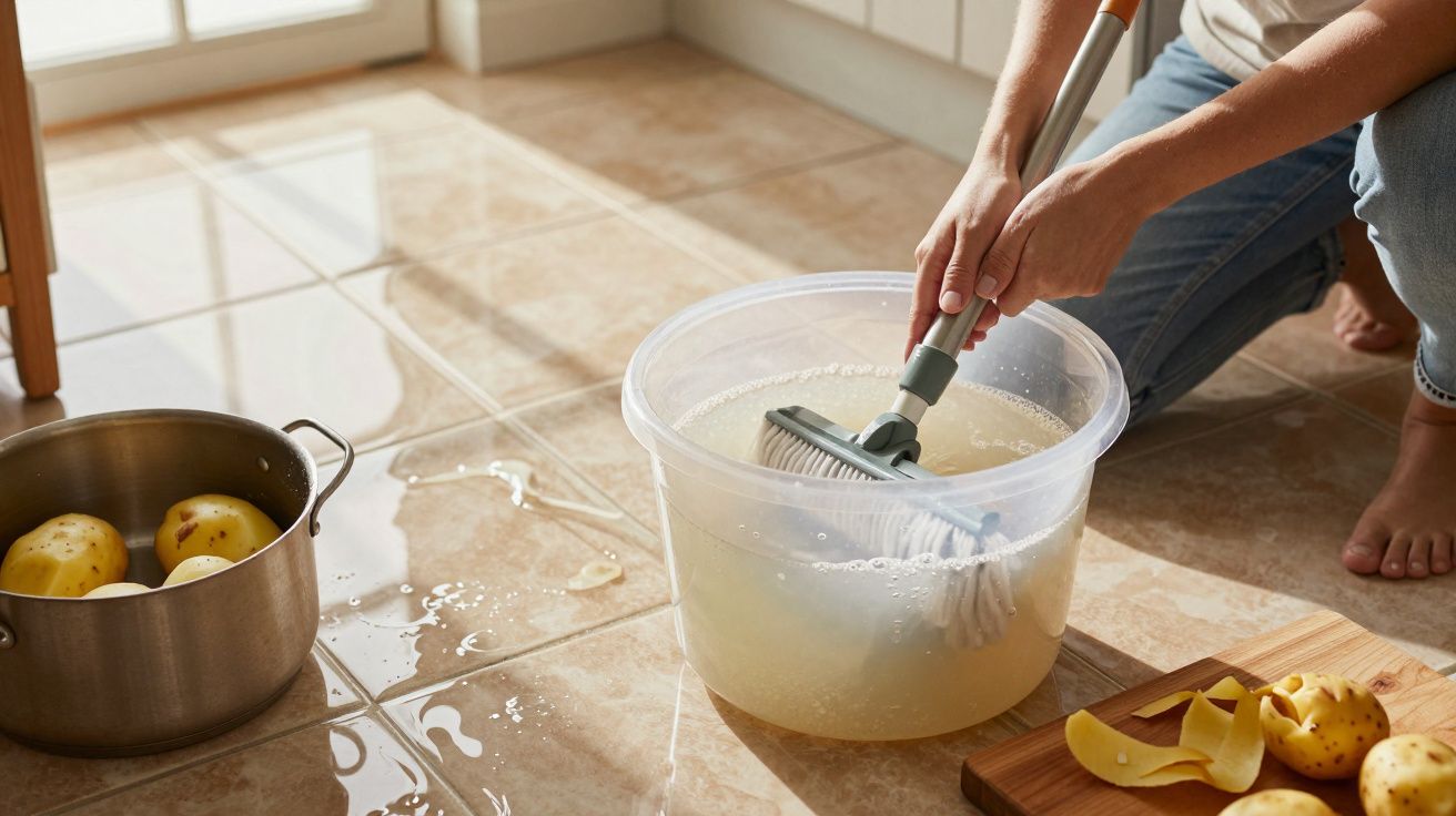 Pessoa lavando o chão com esfregão em balde plástico, ao lado batatas e pele de batatas.