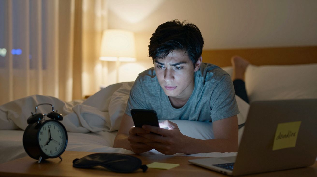 Homem deitado na cama olhando preocupado para o celular à noite, com laptop, despertador e máscara de dormir.