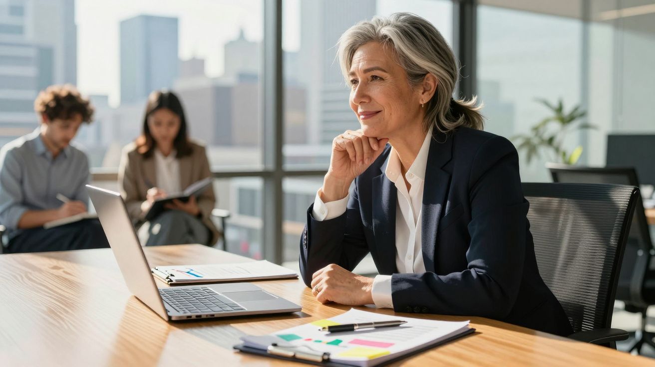 Mulher madura sorridente em escritório moderno com laptop e pessoas ao fundo tomando notas.