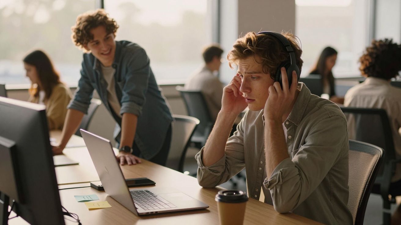 Jovem com fones sentado em mesa de escritório com laptop, café e colegas ao fundo.