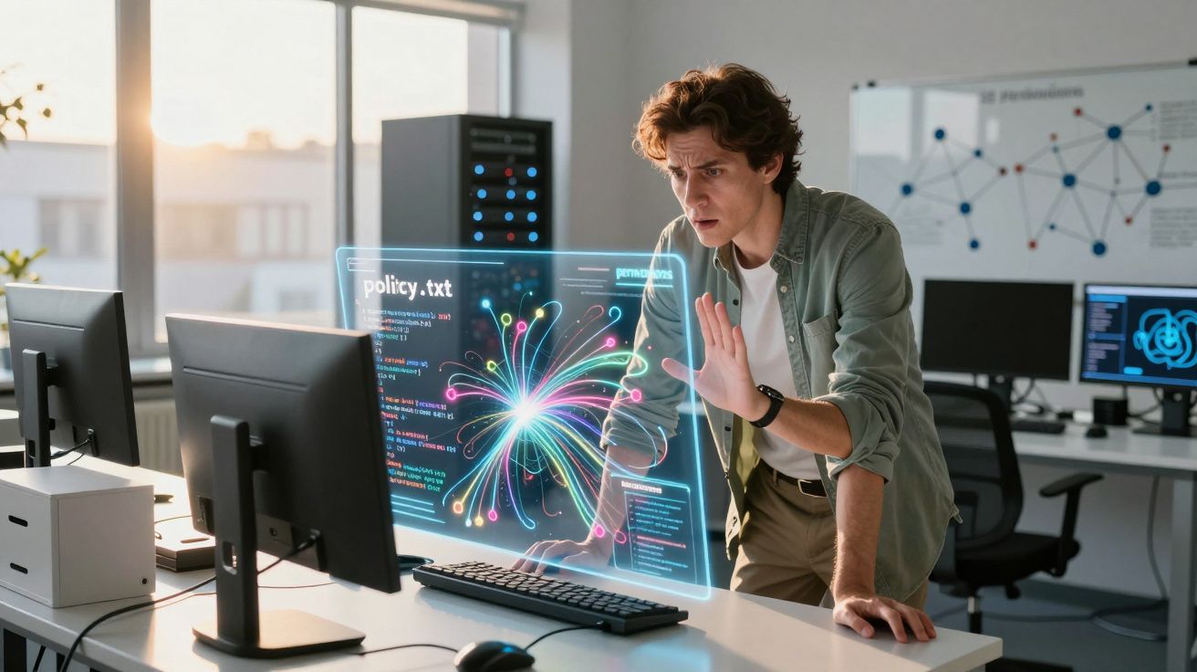 Jovem analisando holograma colorido de dados e programação em escritório moderno com computadores.