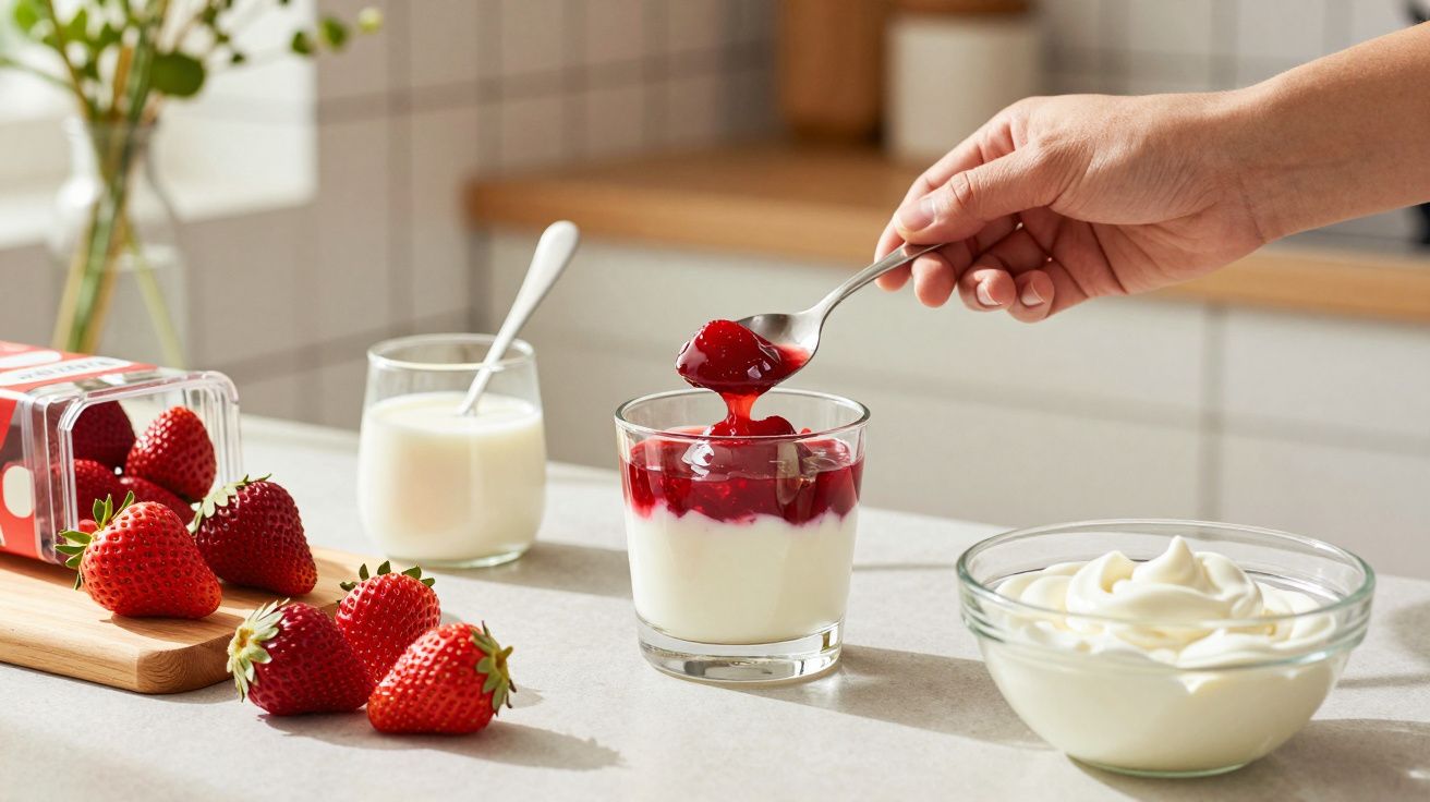 Mão colocando geleia de morango sobre iogurte em copo, com morangos frescos e tigela de creme ao lado.