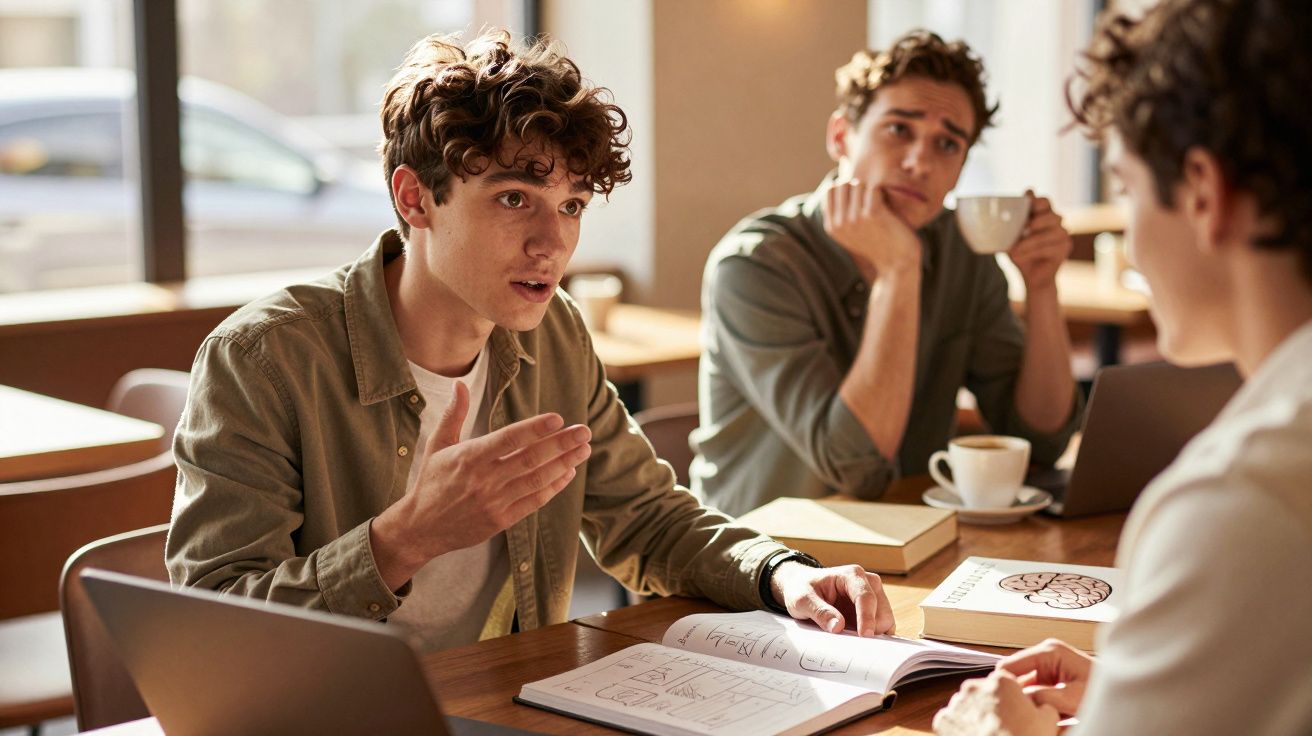Três jovens conversando em mesa de café, livros e laptop abertos, ambiente iluminado e descontraído.