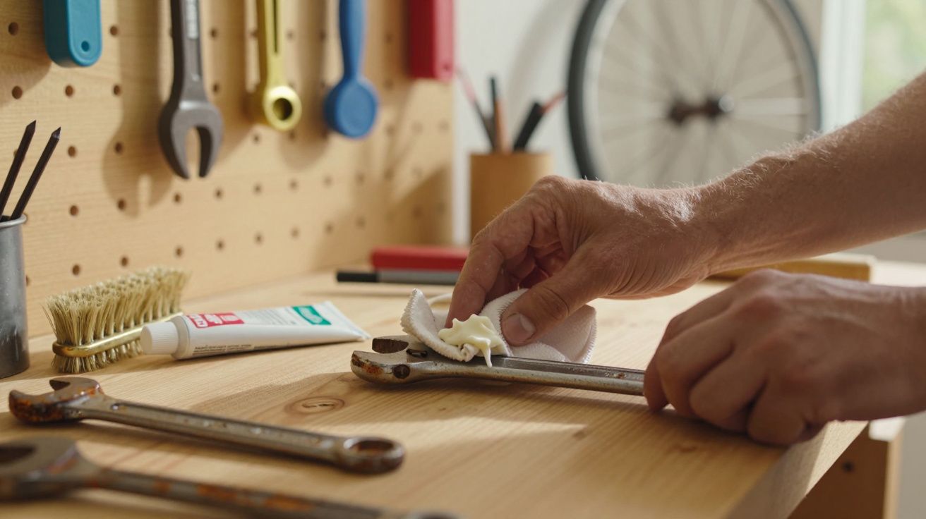 Mãos aplicando creme em uma chave inglesa sobre bancada de madeira com ferramentas ao fundo.