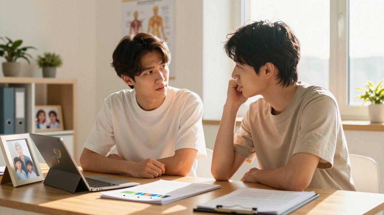 Dois jovens sentados à mesa, conversando em ambiente claro com laptop e documentos.