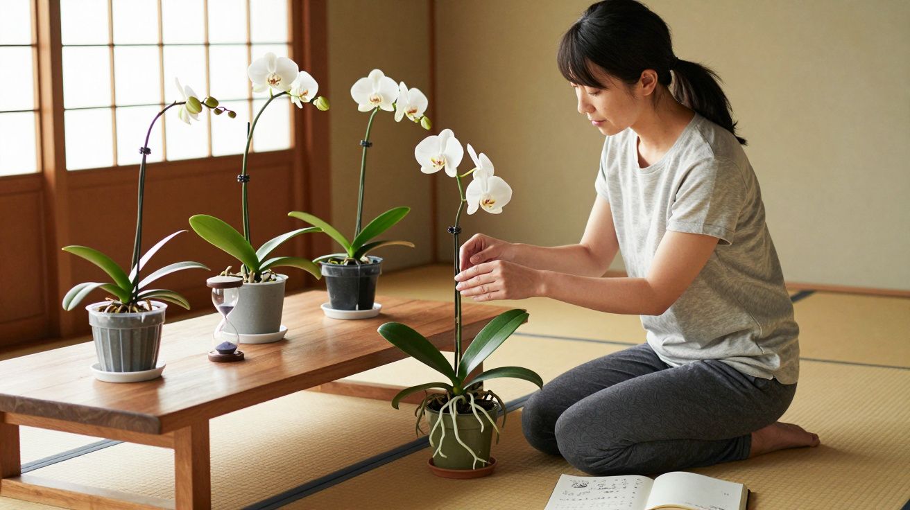 Mulher cuidadosa arregaça orquídeas brancas em vaso dentro de sala tradicional japonesa.