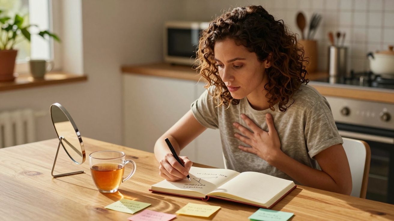 Mulher sentada à mesa escrevendo em diário, com chá e post-its, em ambiente de cozinha iluminado.