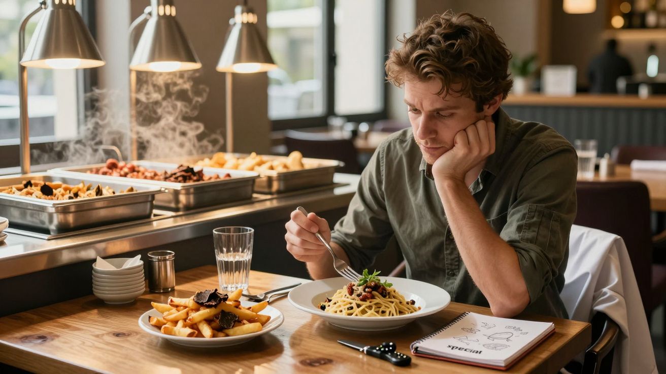 Homem sentado em restaurante servindo espaguete com batatas fritas na mesa ao lado.