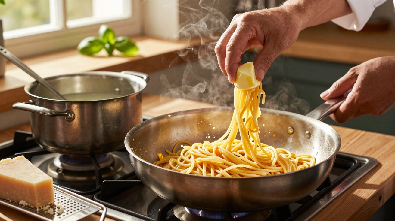 Mão adicionando manteiga em macarrão quente na frigideira enquanto cozinha no fogão a gás.