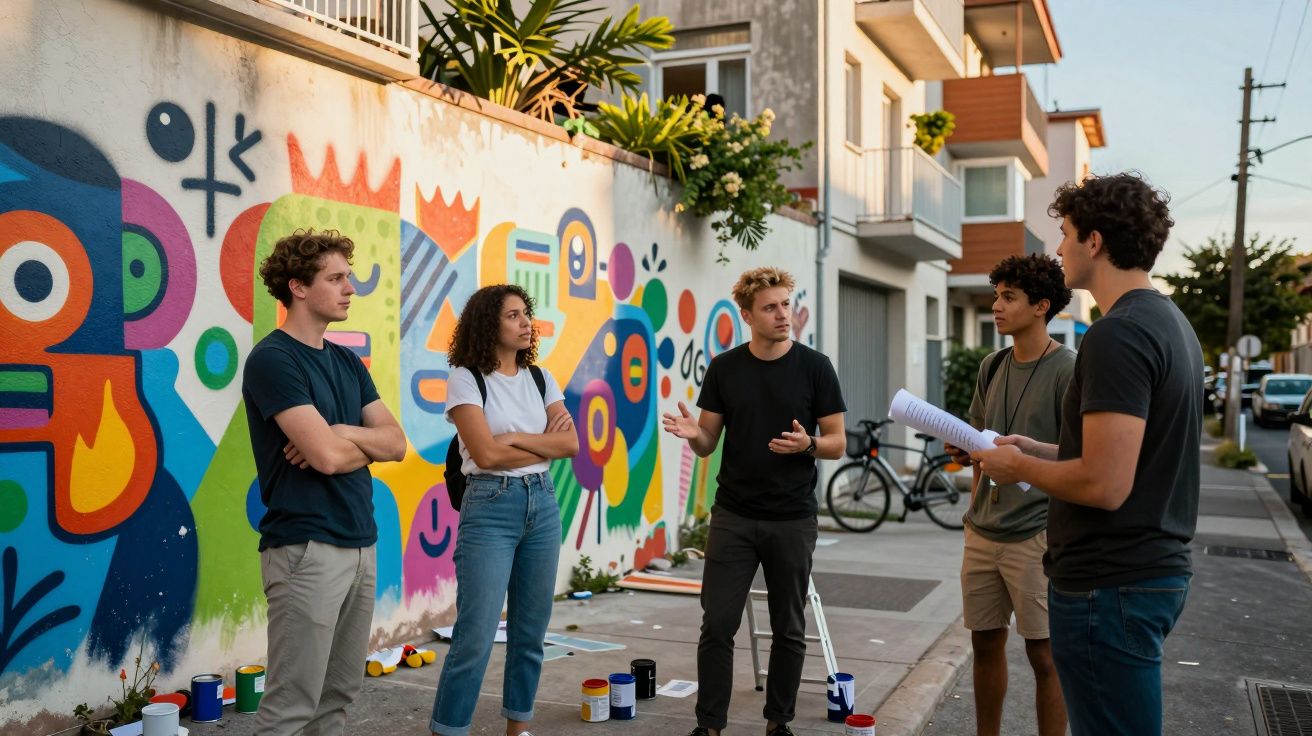 Grupo de jovens discutindo em frente a muro com grafite colorido em área urbana durante o dia.