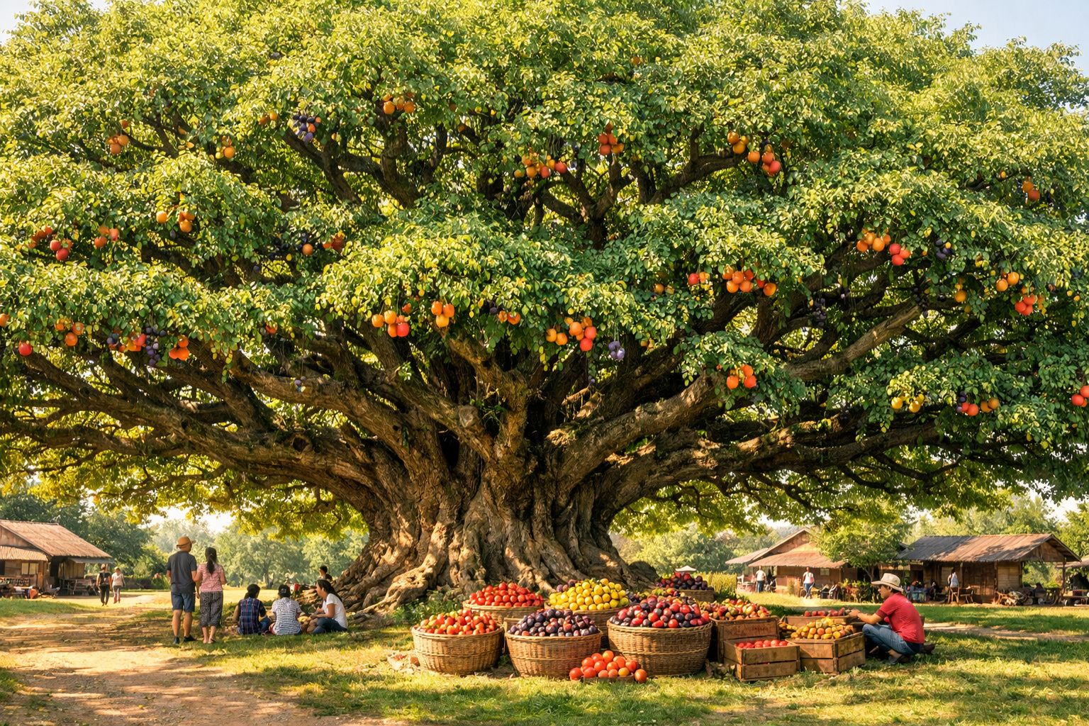 Grande árvore frutífera com cestas cheias de frutas e pessoas ao redor em área rural ensolarada.