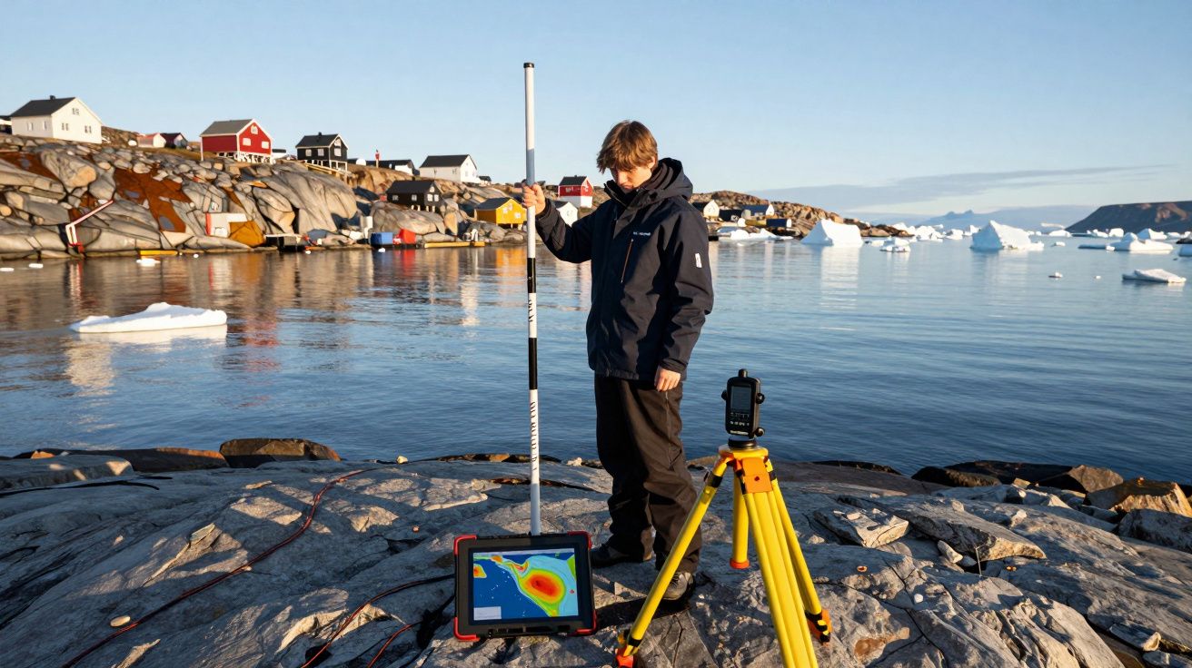 Pessoa com equipamento de medição em área rochosa próxima a um corpo de água com icebergs e casas ao fundo.