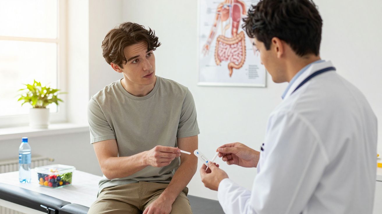 Jovem paciente conversa com médico em consultório, segurando termômetro durante consulta.