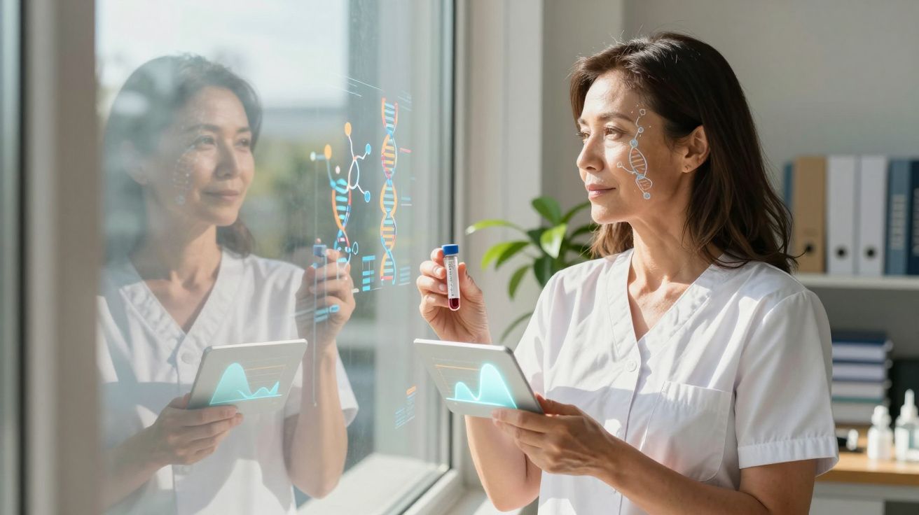 Mulher cientista segurando tubo de ensaio e tablet, olhando para gráficos e DNA holográfico na janela.