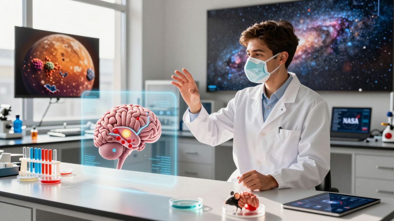 Jovem cientista com máscara interage com cérebro holográfico em laboratório de pesquisa espacial.
