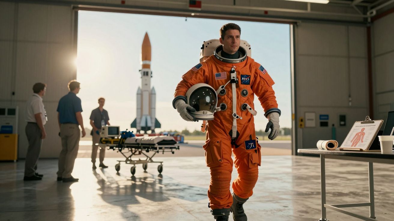 Astronauta de macacão laranja segurando capacete em hangar com foguete ao fundo e pessoas ao lado.