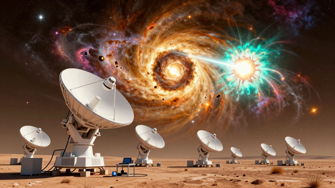 Antenas parabólicas em solo desértico com explosão espacial colorida e galáxia espiral ao fundo.