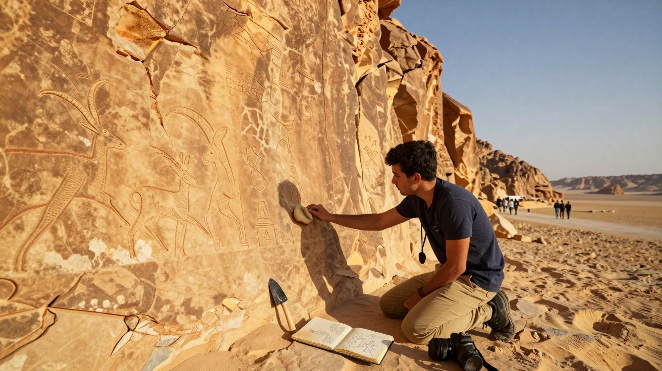 Homem limpa inscrições rupestres em pedra no deserto enquanto turistas caminham ao fundo.