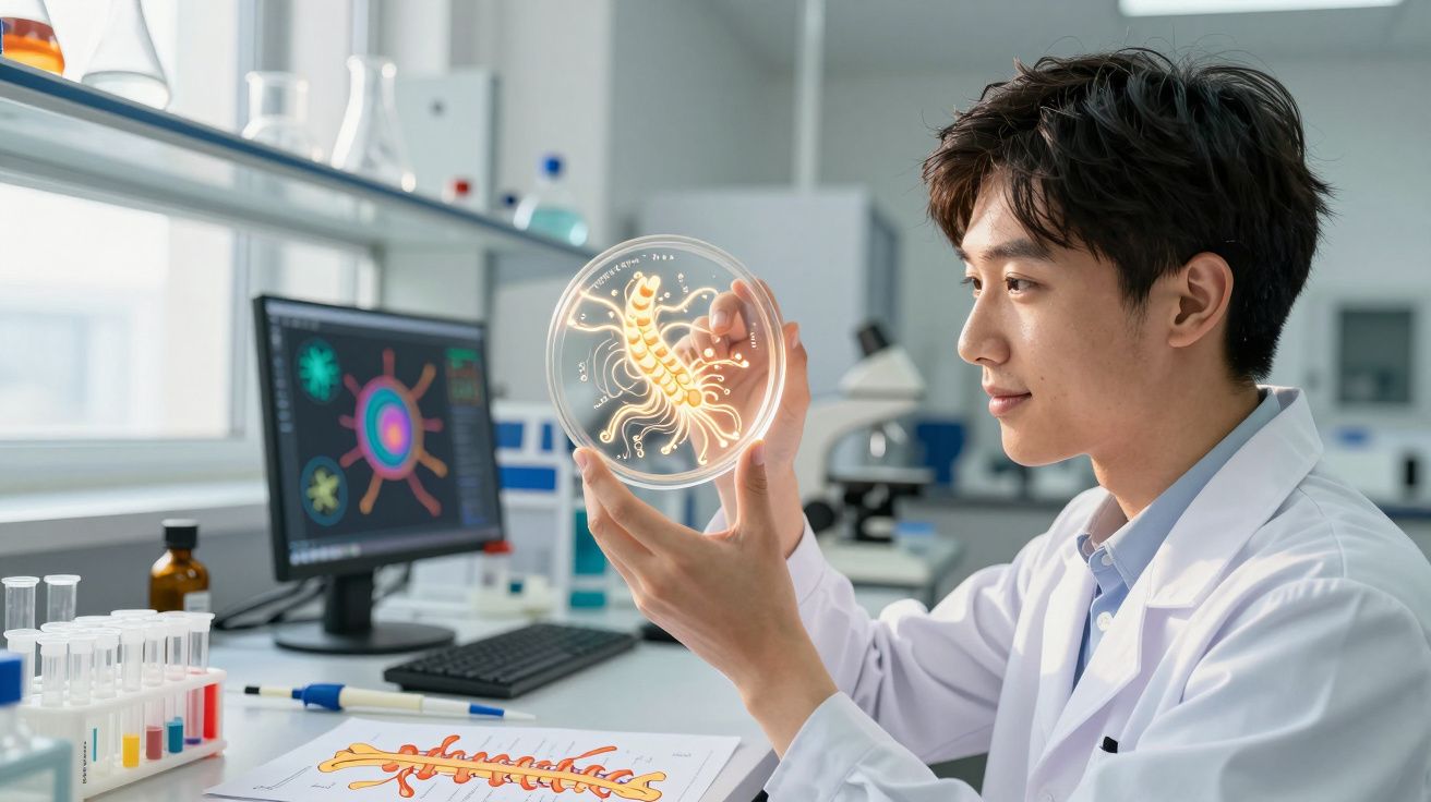 Cientista observa cultura celular brilhante em placa de Petri em laboratório moderno.