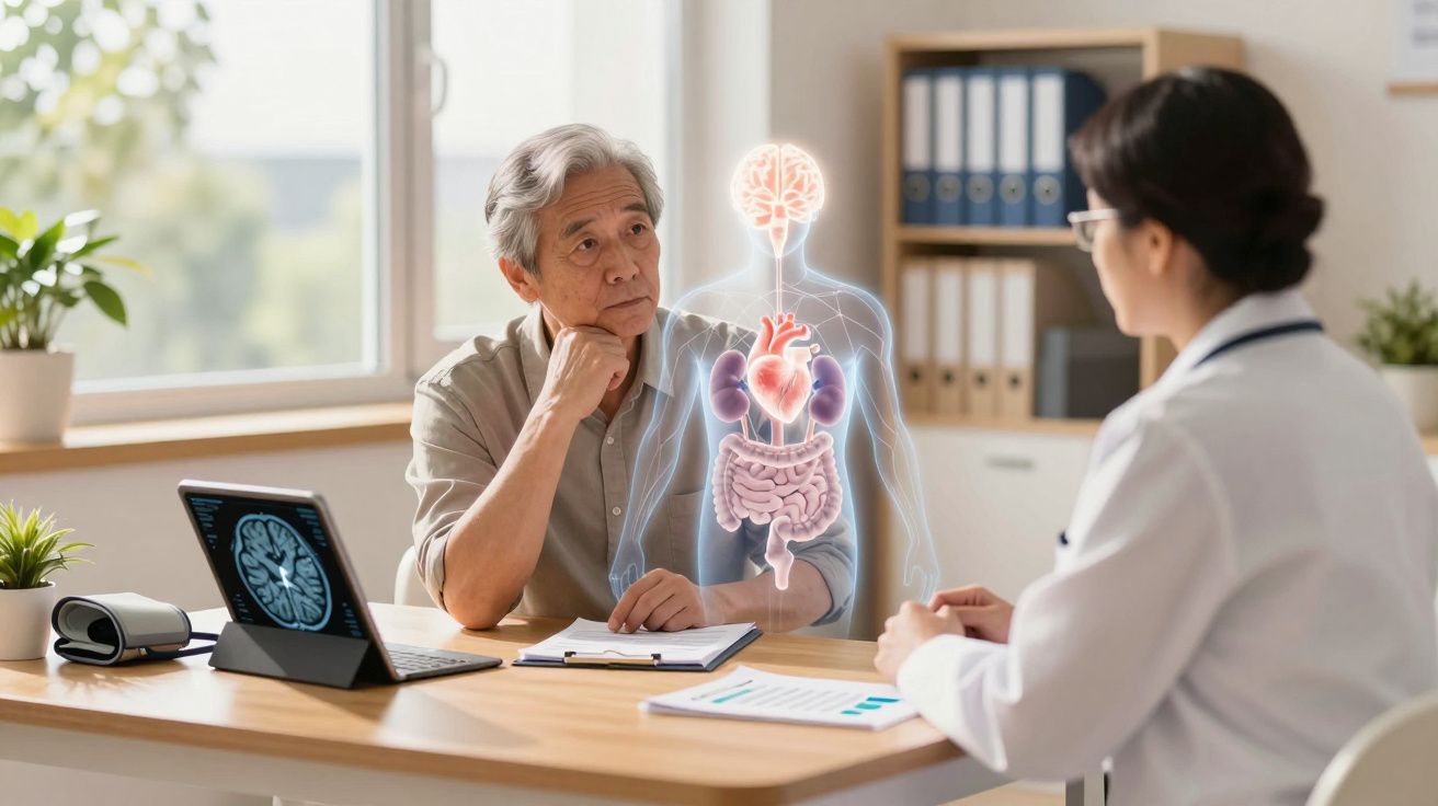 Paciente mais velho consulta médica com doutora, exibindo ilustração digital de órgãos internos humanos.