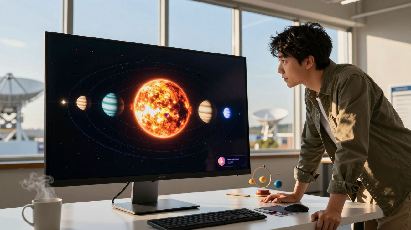 Jovem observando modelo do sistema solar em computador na mesa de escritório com xícara de café.