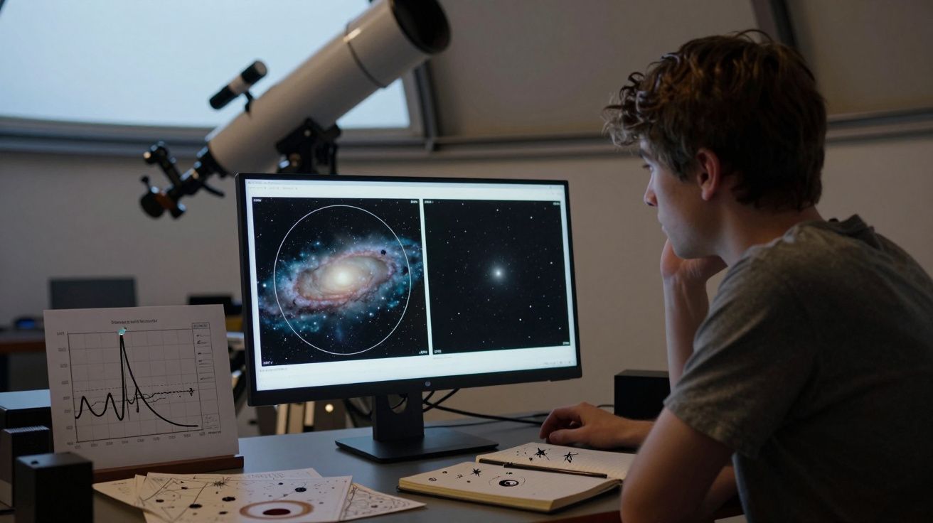 Jovem observando imagens de galáxias no computador em ambiente escuro com telescópio ao fundo.