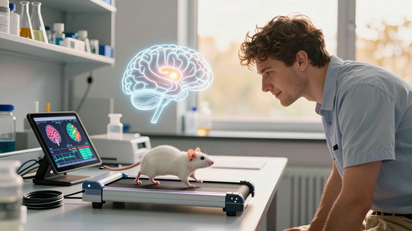 Cientista observa rato em esteira com monitor mostrando atividade cerebral em laboratório.
