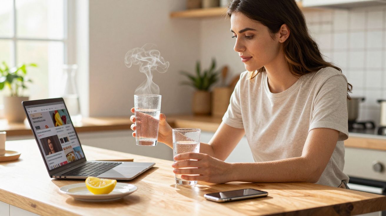 Mulher sentada à mesa segurando copos com água enquanto usa laptop em cozinha iluminada.