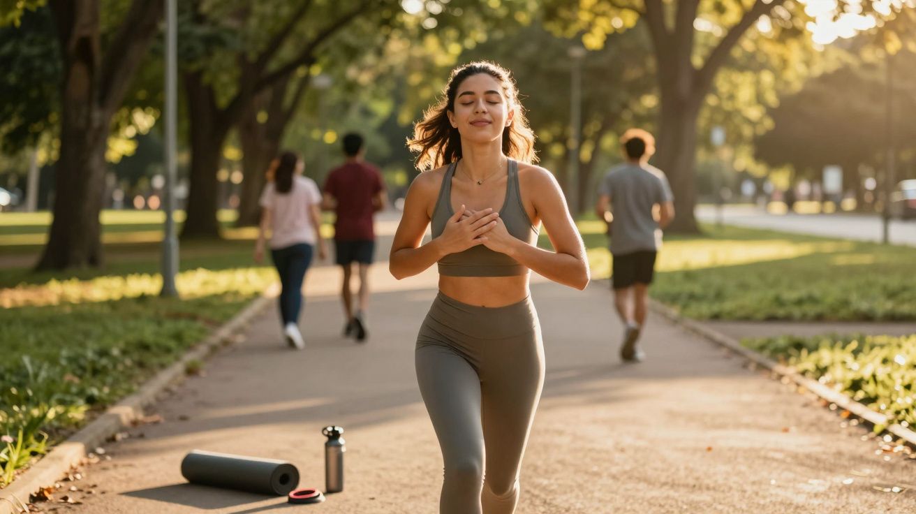Mulher jovem correndo ao ar livre em parque ensolarado, com tapete de yoga e garrafa ao lado.