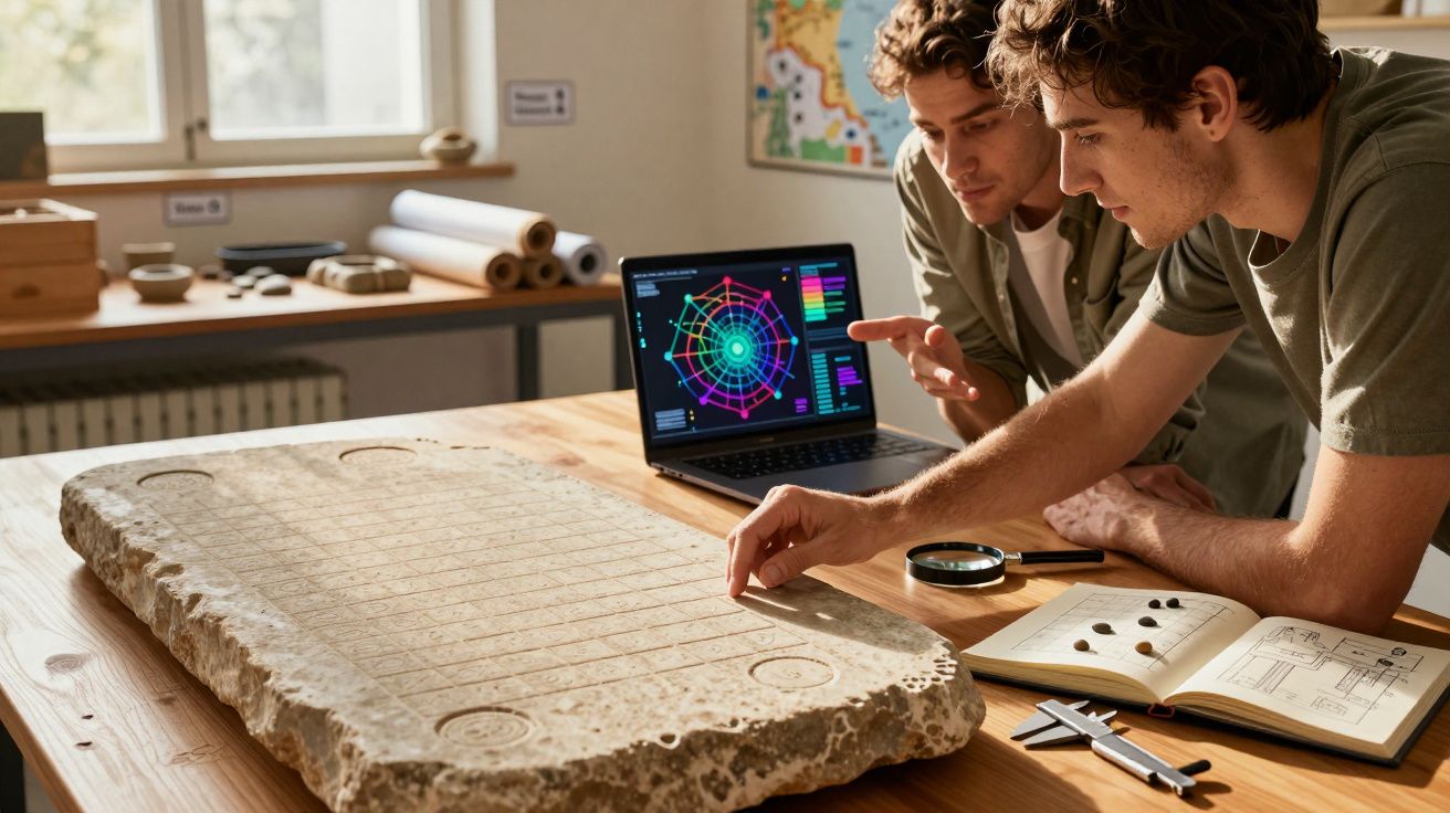 Dois homens analisam antiga pedra esculpida com dados em mesa, usando notebook, lupa e caderno para estudo.