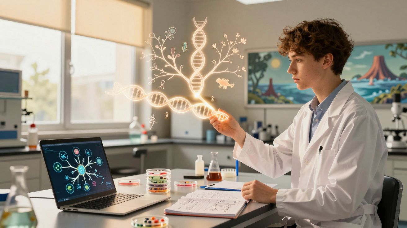 Jovem cientista em laboratório interagindo com modelo holográfico de DNA e bactérias.