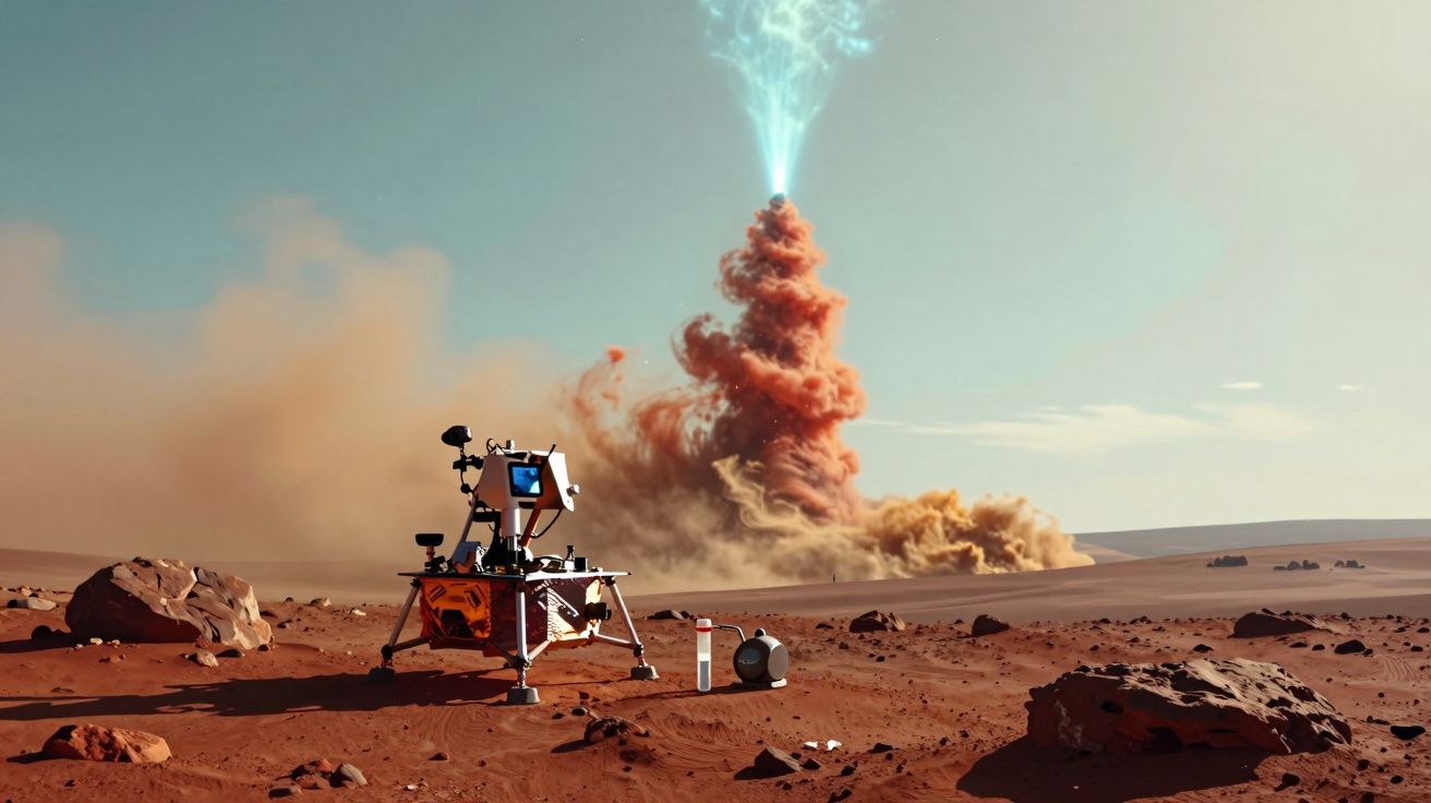 Rover explorando a superfície vermelha de Marte com nuvem de poeira e luz azul no céu.