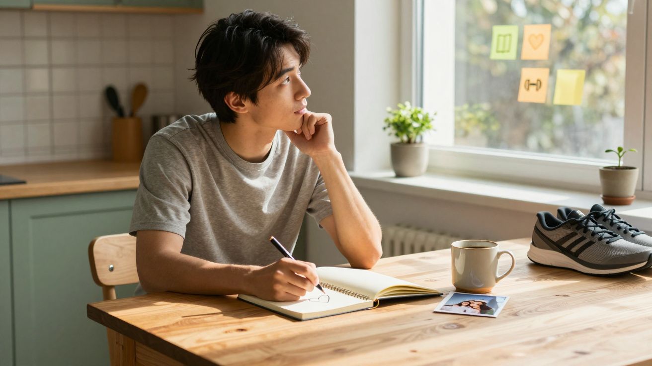 Jovem sentado à mesa escrevendo em caderno, olhando pela janela, com tênis e xícara próximos.