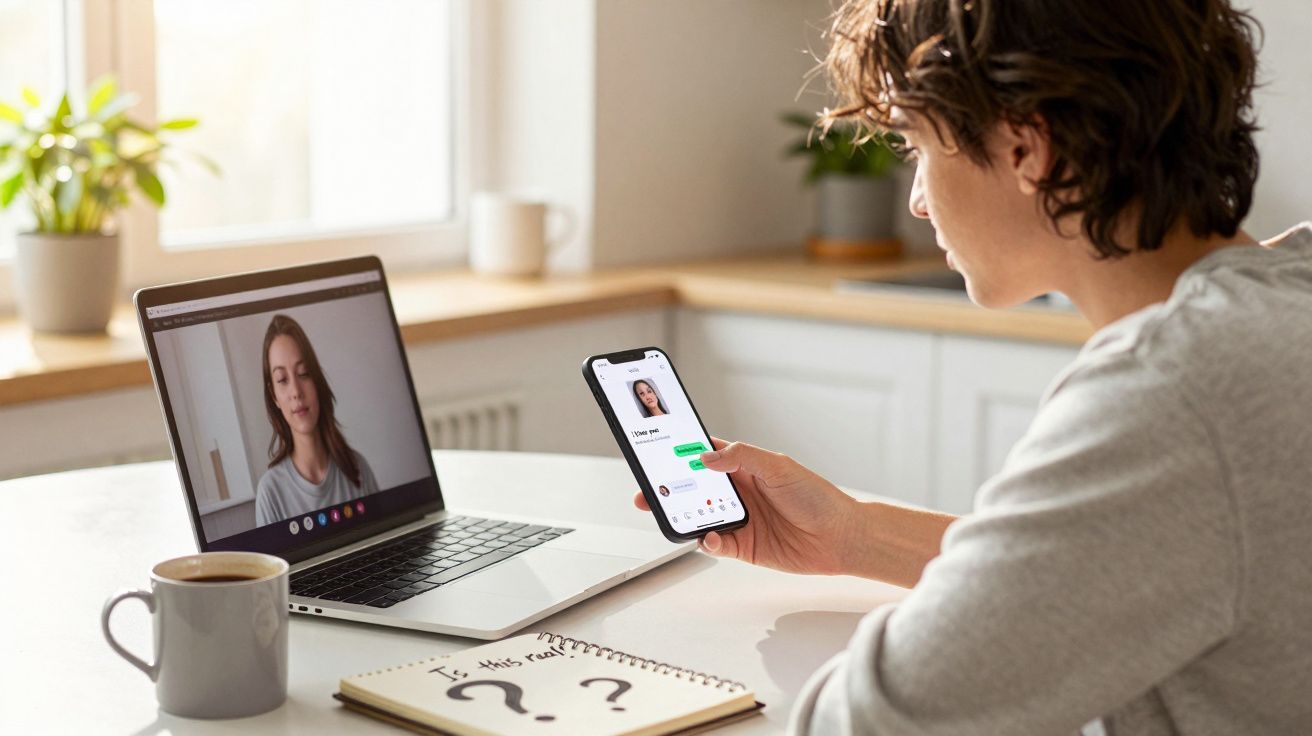 Pessoa segurando celular e participando de videochamada no laptop em mesa com caderno e caneca.