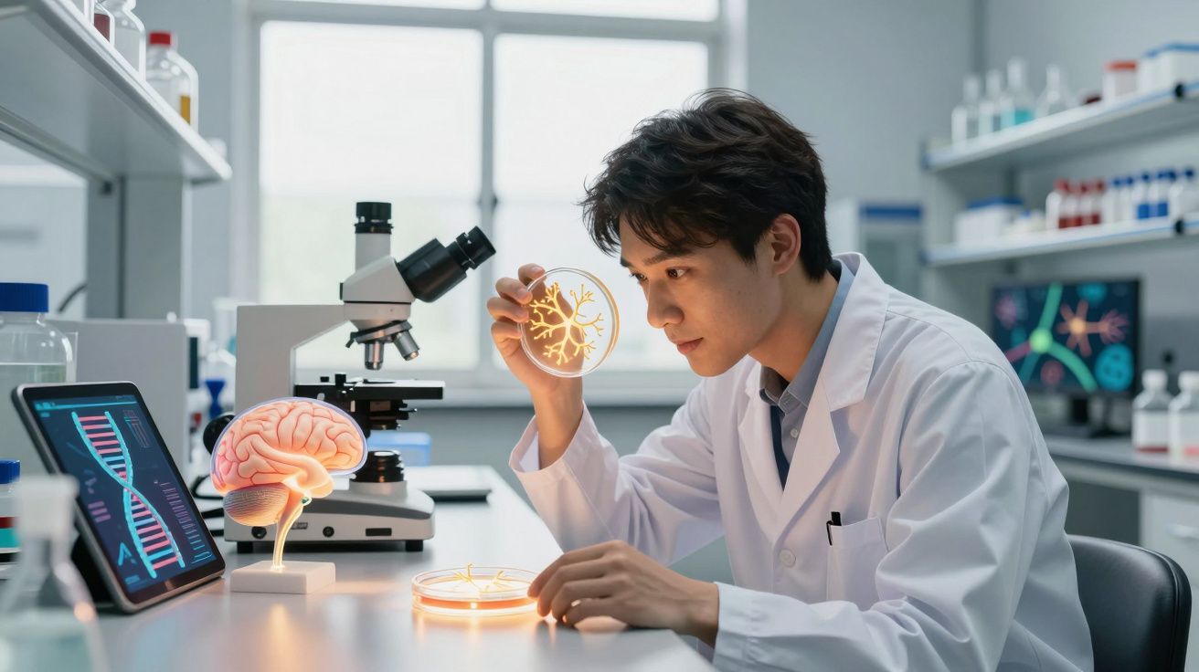 Homem cientista analisando placa de Petri com células nervosas em laboratório de neurociência.