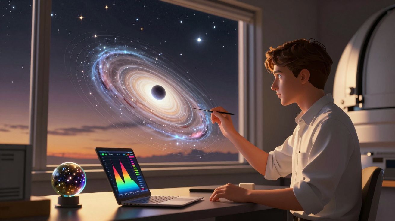 Jovem pintando buraco negro holográfico que aparece pela janela enquanto trabalha em computador.