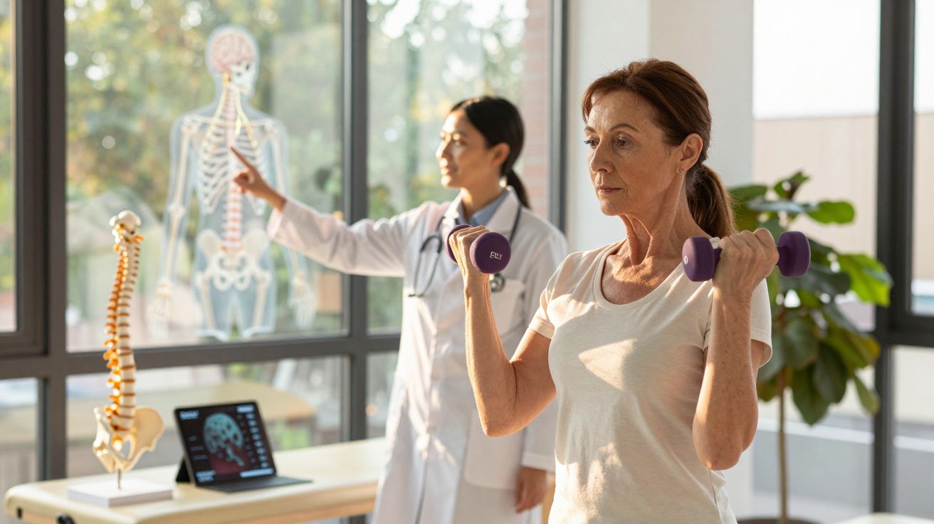 Mulher fazendo exercícios com halteres enquanto médica explica esqueleto humano em consultório.