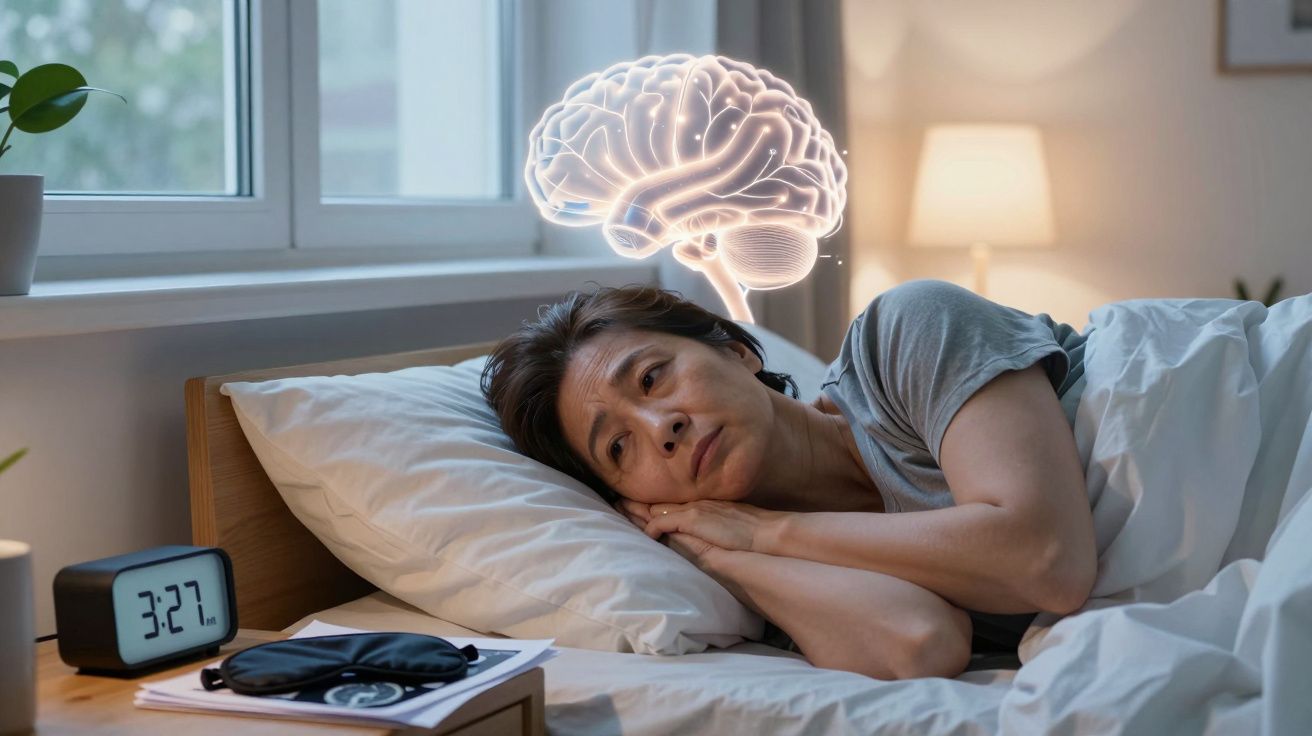 Pessoa deitada na cama acordada com ilustração de cérebro e relógio indicando 3:27 da manhã.