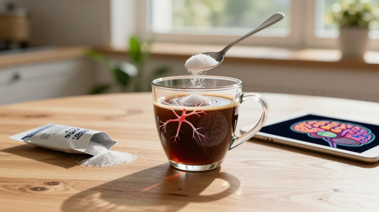 Xícara de café com ilustração de neurônios, colher com açúcar e tablet com imagem de cérebro em mesa de madeira.