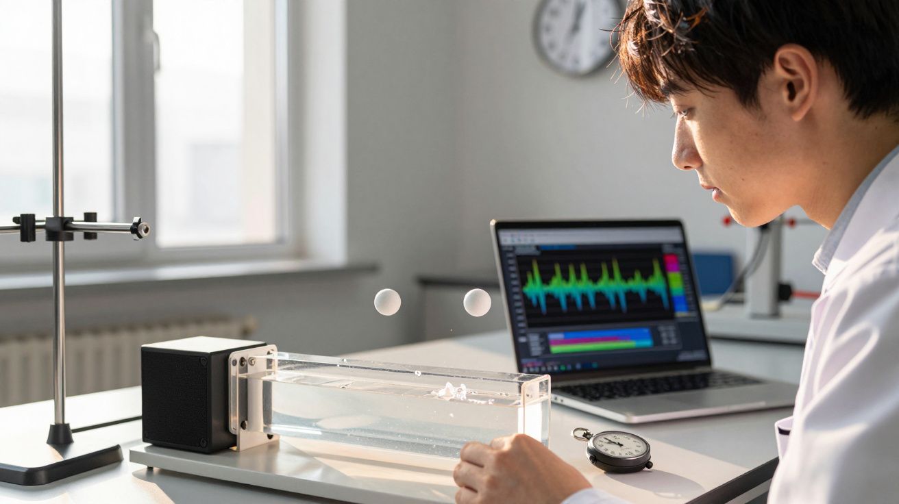 Pesquisador observando experimento com bola em levitação magnética em laboratório com laptop ao fundo.